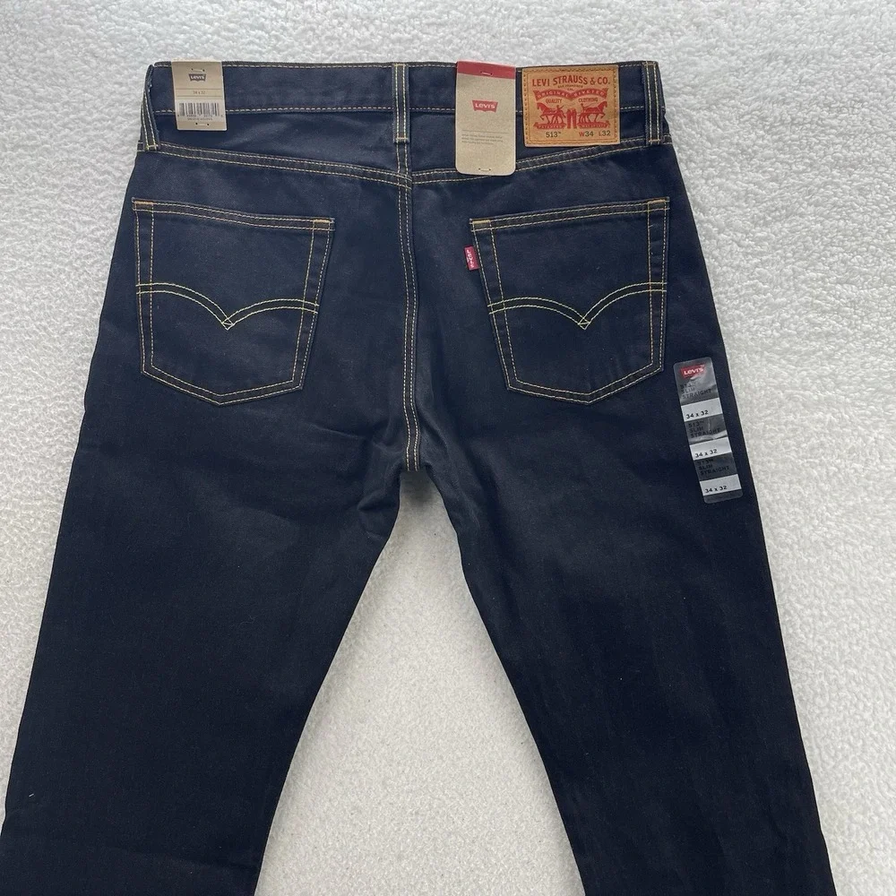 Levis 513 Jeans Mens 34x32 Black Blue Slim Straight Dark Wash Preppy Grunge NEW